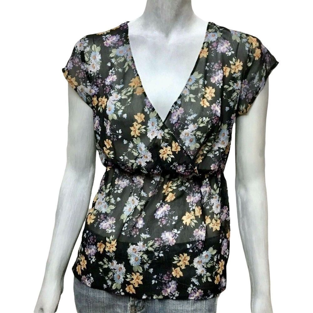Zara Trafaluc Womens Top Black Blue Floral Empire Waist V-Neck Short Sleeve S